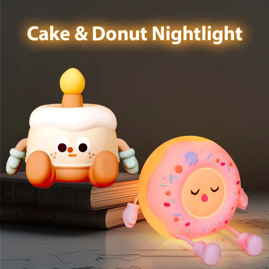 Cute Led Night Light Rechargeable USB Table Desk Lamp Birthday Child Gift Decoration for Bedroom Bedside Donut Cake Nightlight