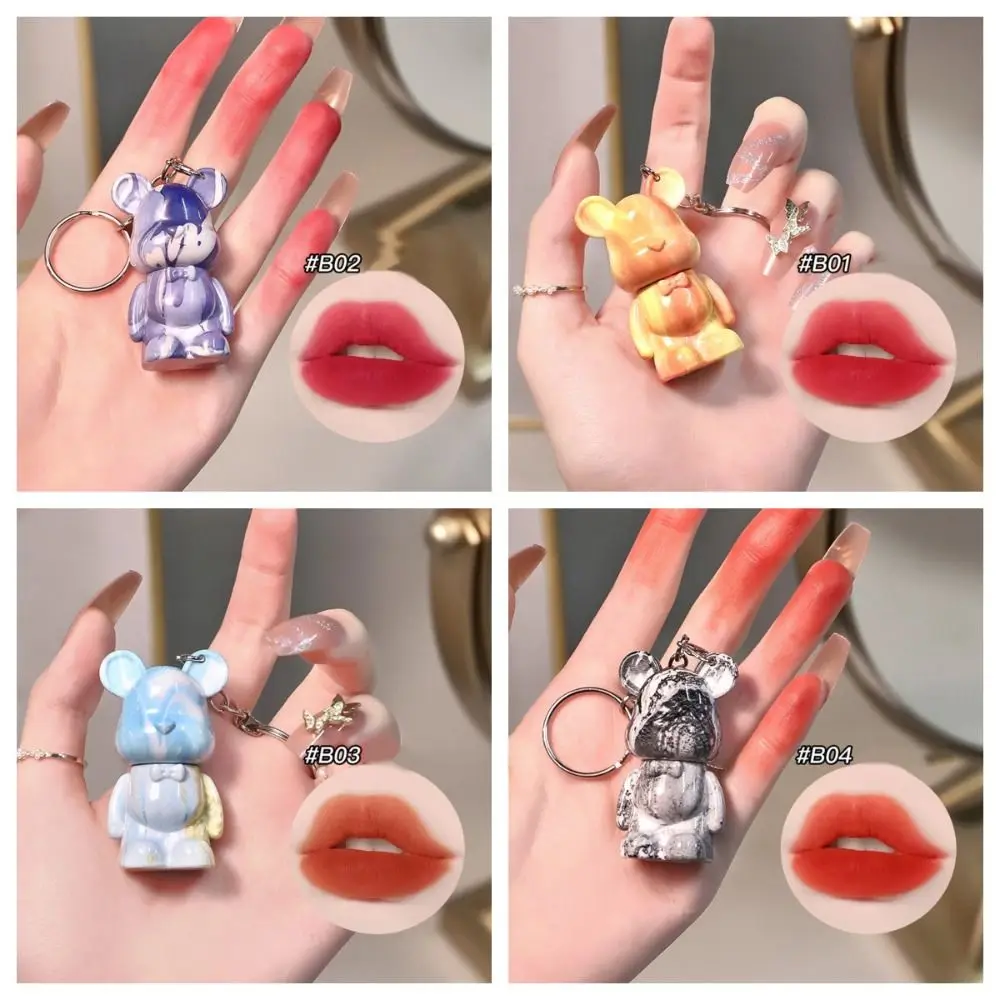 5 Colors Bear Shaped Lip Gloss Long Lasting with Key Chain Liquid Lipstick Matte Non-stick Cup Makeup Cosmetic Lipstick Women