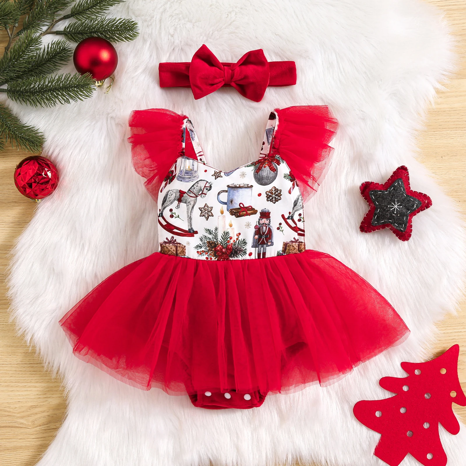 

Baby Girl Tutu Rompers Infant Christmas Tulle Round Neck Bodysuit Newborn Cartoon Print Flying Sleeve Jumpsuits