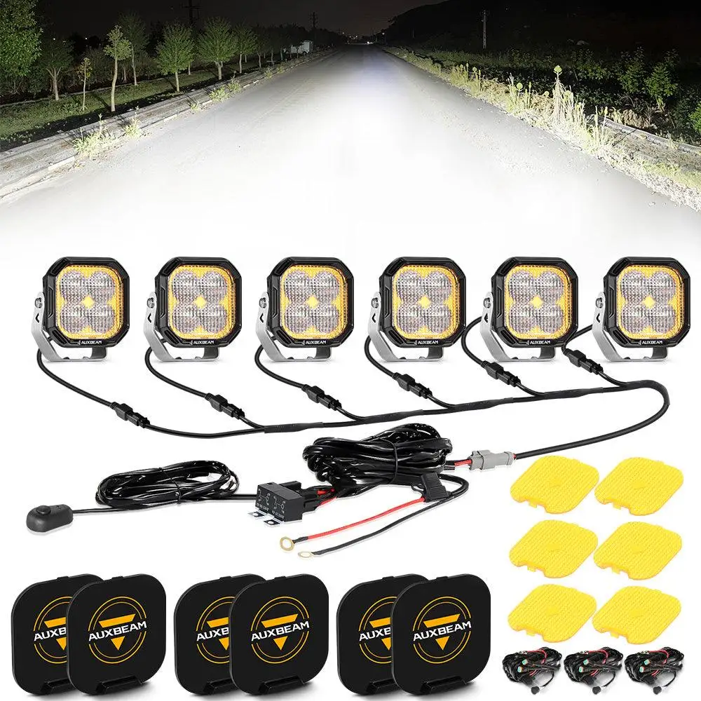 AUXBEAM 6Pcs 3INCH 100W LED POD LIGHTS with Wire Harness COLOR PLAY SERIES OFF ROAD LIGHTS WHITE DRL & AMBER TURN SIGNAL LIGHTS