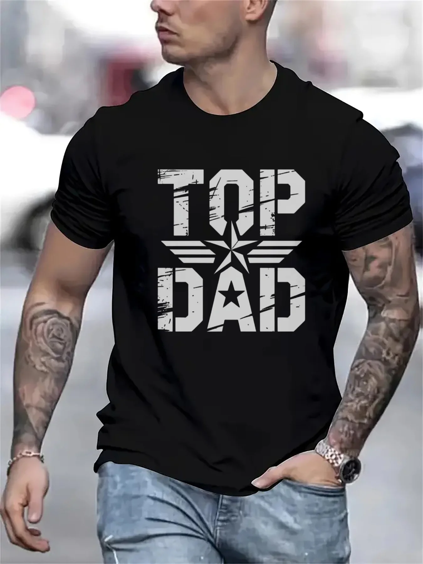 

Мужская повседневная черная футболка с графическим принтом TOP DAD Star, коротким рукавом, стандартной посадкой, смелая футболка с рисунком, удобная посадка