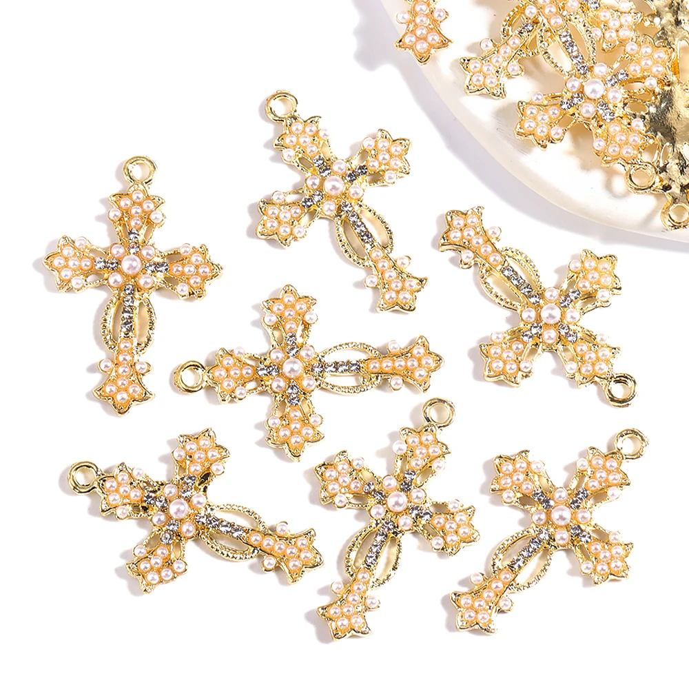 

10Pcs/Lot 33*22 Vintage Creative Alloy Shiny Pearl Rhinestone Cross Pendant For DIY Necklace Earring Jewelry Making Charms Craft