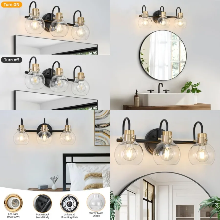 

3 Lights Bathroom Light, Vanity Light Fixture, Wall Sconces with Globe Clear Glass Shade, Farmhouse Wall Mount Lamp for Mirror,