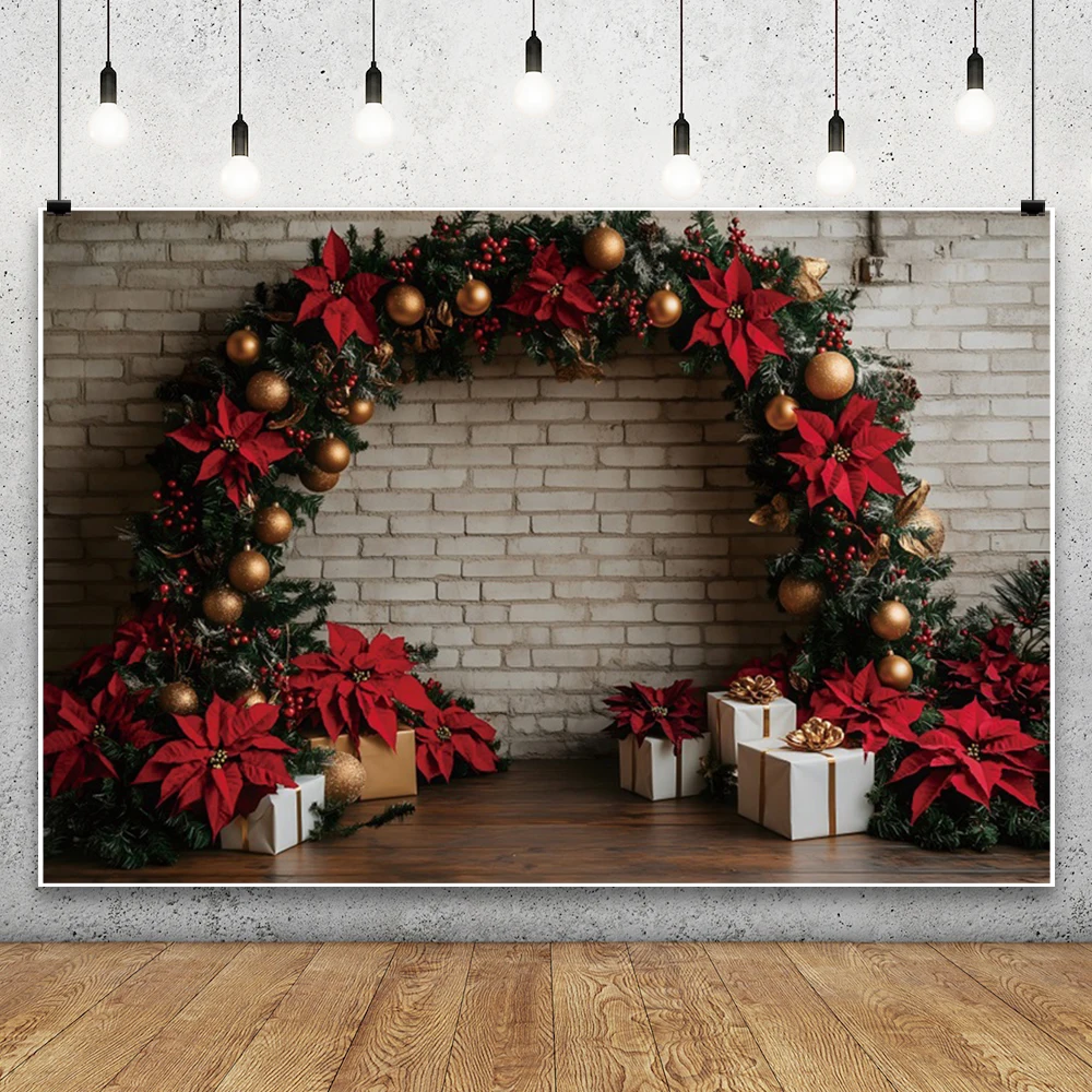 Merry Christmas Background Photography Gray Brick Wall Xmas Tree Gift Red Green Garland Arch Wedding Birthday Photo Backdrop