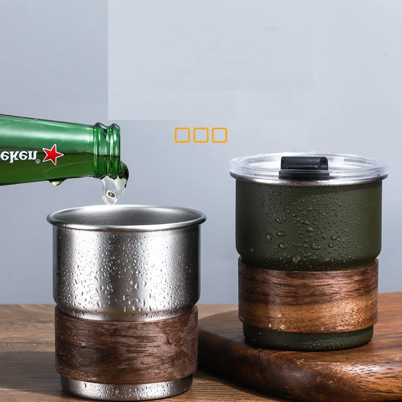 Travel Camping Steel Beer Coffee Cups 280ml Wood Sleeve for Heat Resistance Step Water Cup (no straw)