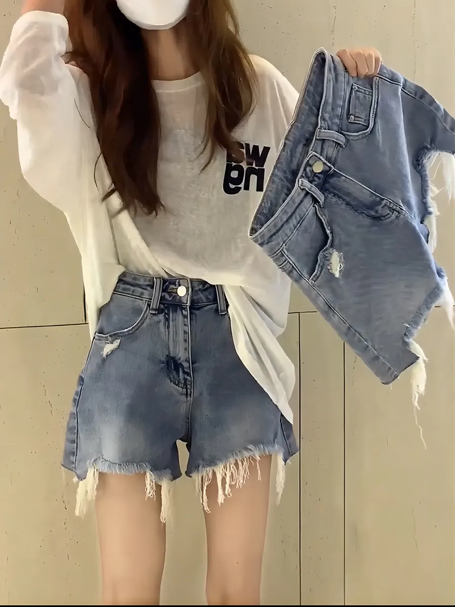 

High Waist Denim Shorts Women's Summer Thin Style plus Size Straight Leg A-Line Wide Leg Hot Pants Torn Hole Jeans Shorts