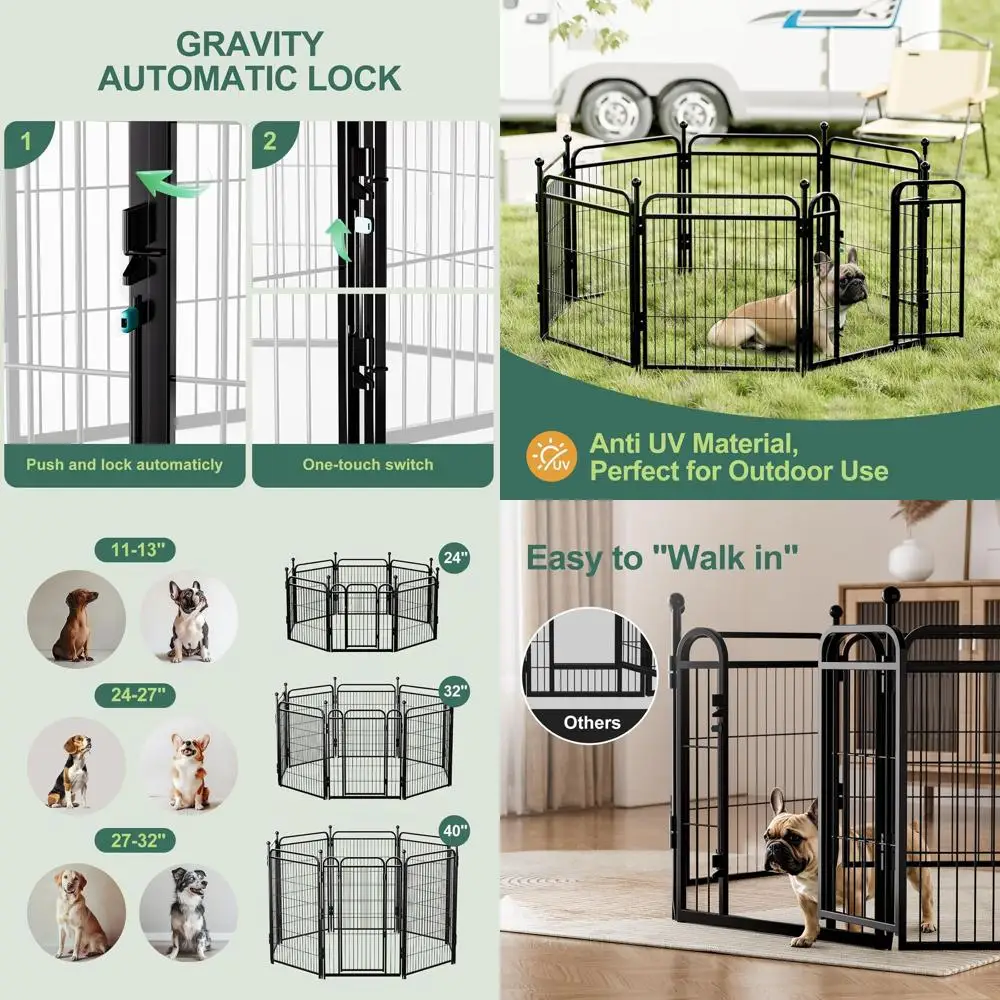 

Высокий вольер для животных (24 фута) с 8 панелями для маленьких/средних собак, для использования в помещении/на улице, складной, с гравитационным замком