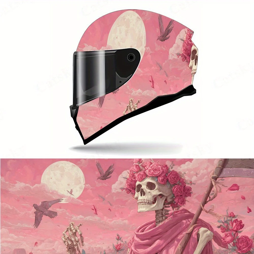 

Fashionable Pink Flowers and Skeleton Death Reaper Motorcycle Helmet Protective Sticker, Motorcycle Helmet Exterior Decorative A