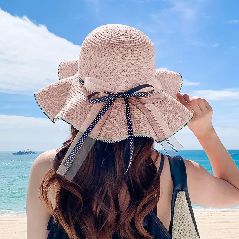 Summer New Wave Dot Bow Straw Hat Women's Korean Edition Versatile Sun Protection Hat Fashion Ribbon Sun Protection Hat Children