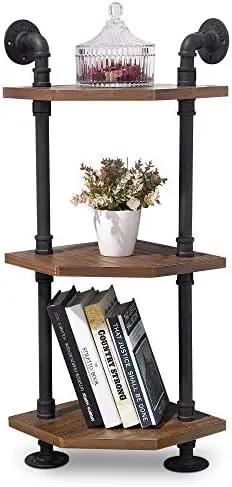 

Industrial Wall Mount Pipe Shelves, 4-Tier Corner with Solid Wood, Corner Bookshelf Display Stand,Metal Standing Bookcase (4-Ti