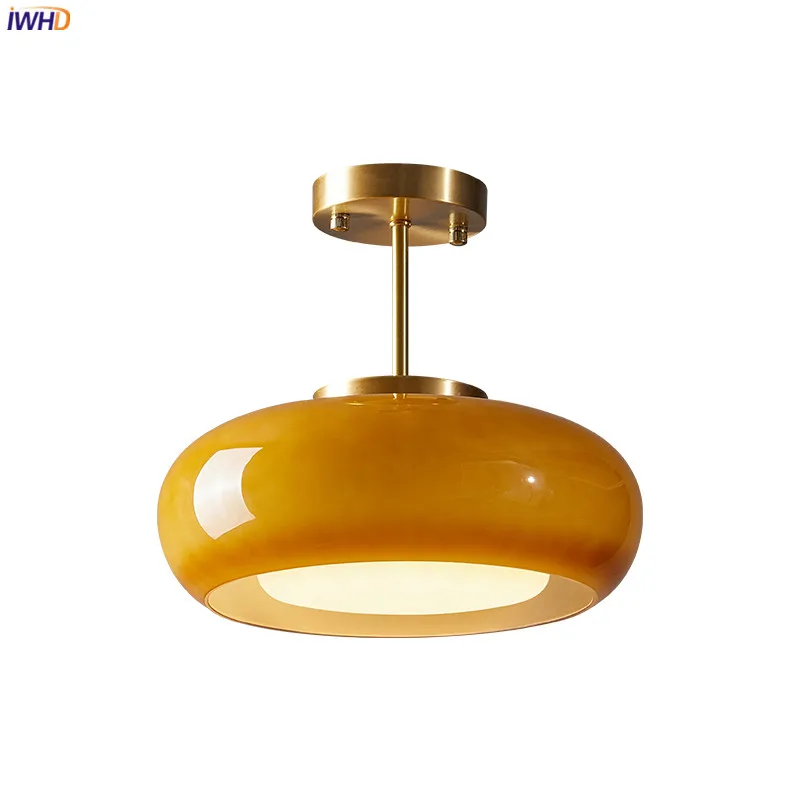 IWHD Yellow Glass LED Pendant Lights Fixtures 40W Copper Bedroom Living Room Beside Nordic Modern Hanging Lamparas Pendente