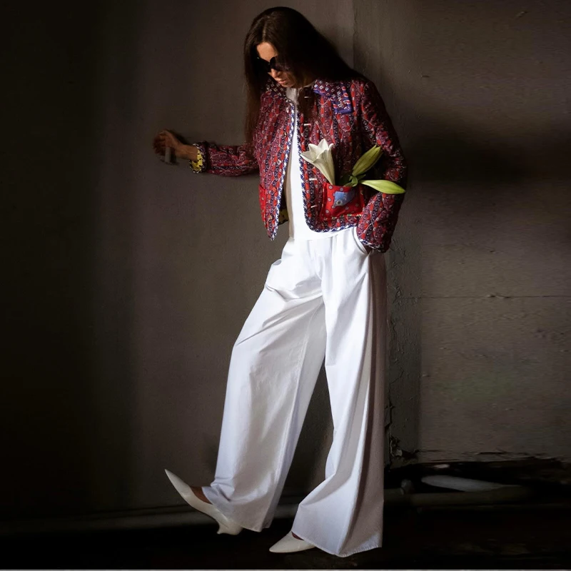 Reversible Jacket Retro Print Color Block Coat Woman Lapel Collar Top Striped Patch Pocket Outerwear Winter Autumn Clothes