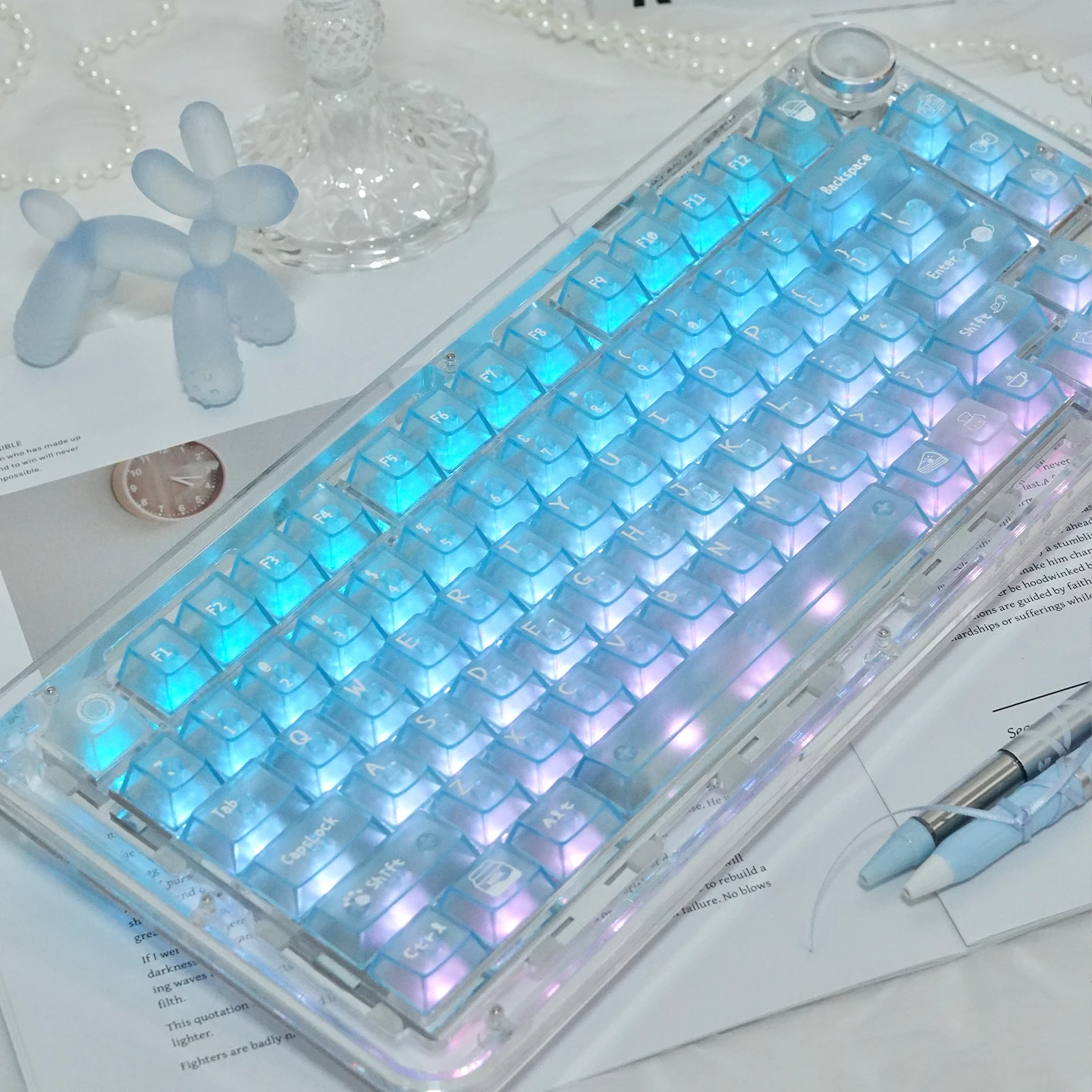 

136-клавишные градиентные синие кристально прозрачные колпачки для клавиш с вишневым профилем, прозрачные колпачки для клавиш с милым котенком и котом, колпачки для механической клавиатуры