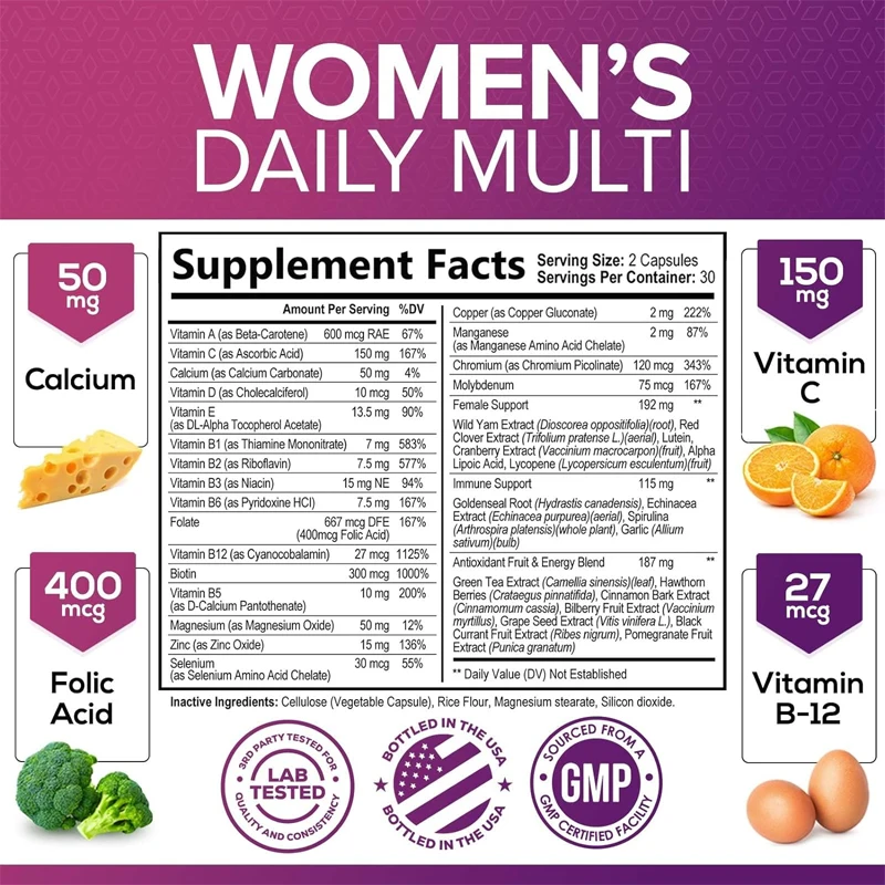 Female multivitamin, supports energy and immune health, daily multi vitamin, gluten free, non GMO, 60 vegetarian capsules