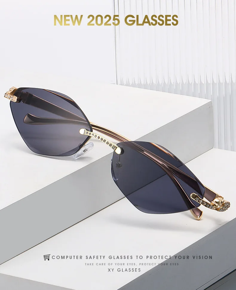 Neue Ins-Famous randlose Cat-Eye-Sonnenbrille – dünner Goldmetallrahmen mit Strasssteinen, UV-Schutz, trendige Farbtöne – Detail 1