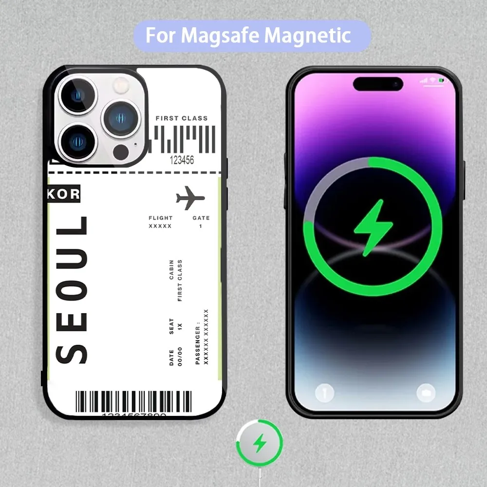 Funda de teléfono con etiqueta de billete de viaje para carga inductiva magnética iPhone 11 12 13 14 15 Max Pro Mini Plus Shell