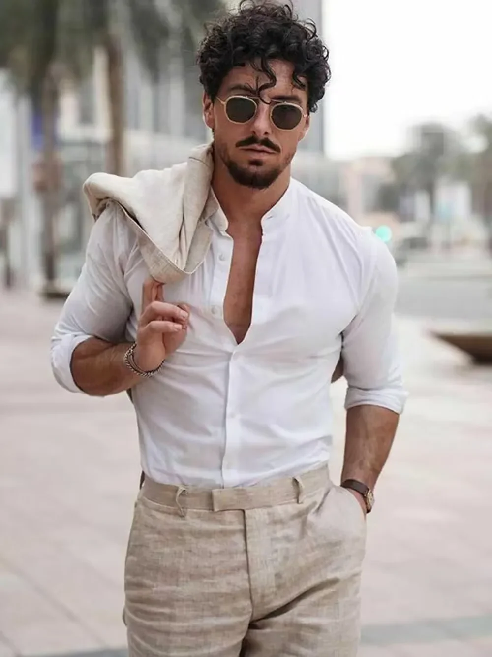 2 Piece Casual Beige Linen Men Suits Single Breasted Slim Fit Notch Lapel Blazer with Pants High Quality Wedding Costume Homme f