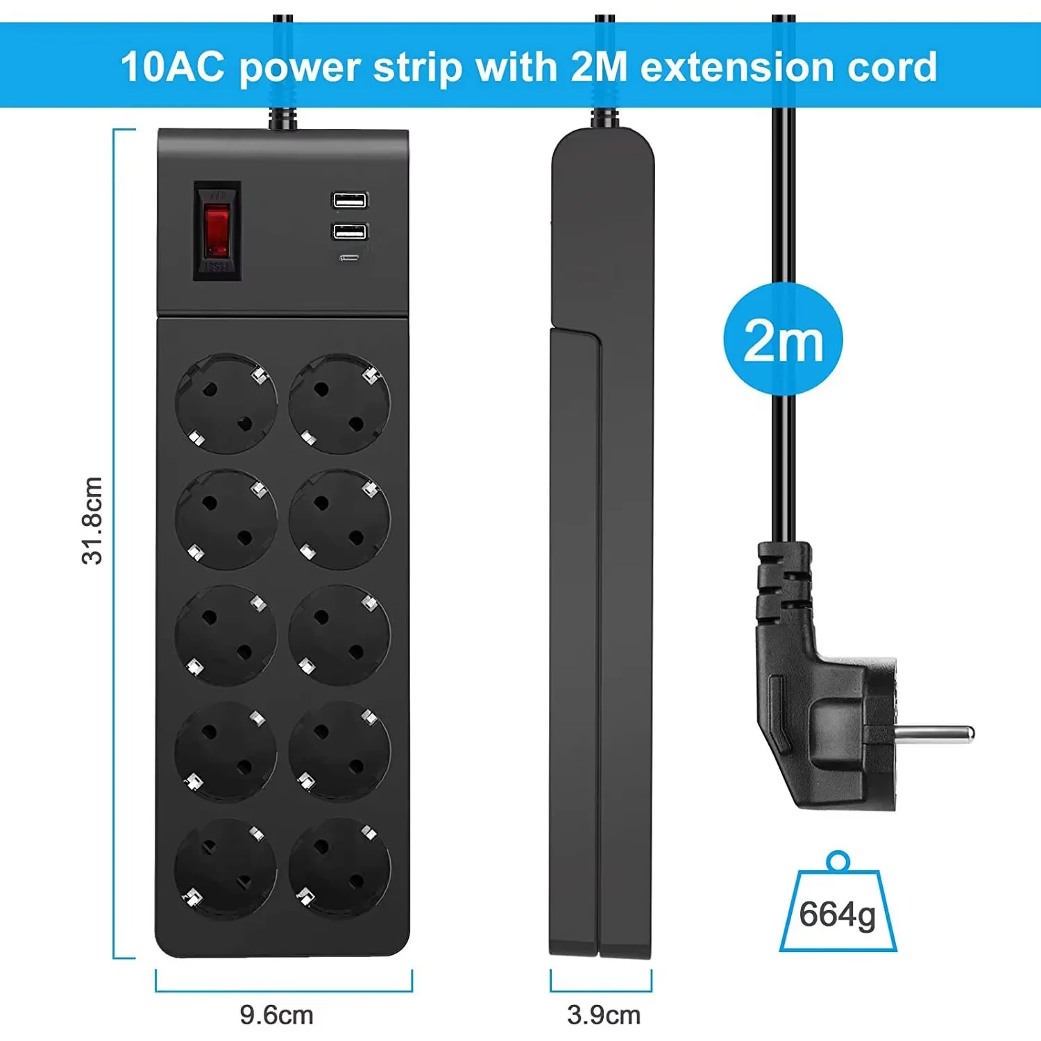 Melery Power Strip Multiple Socket 10 Way Slots Plug Electrical Outlets USB Charge Ports EU Switch 2m Extension Cord Home Office