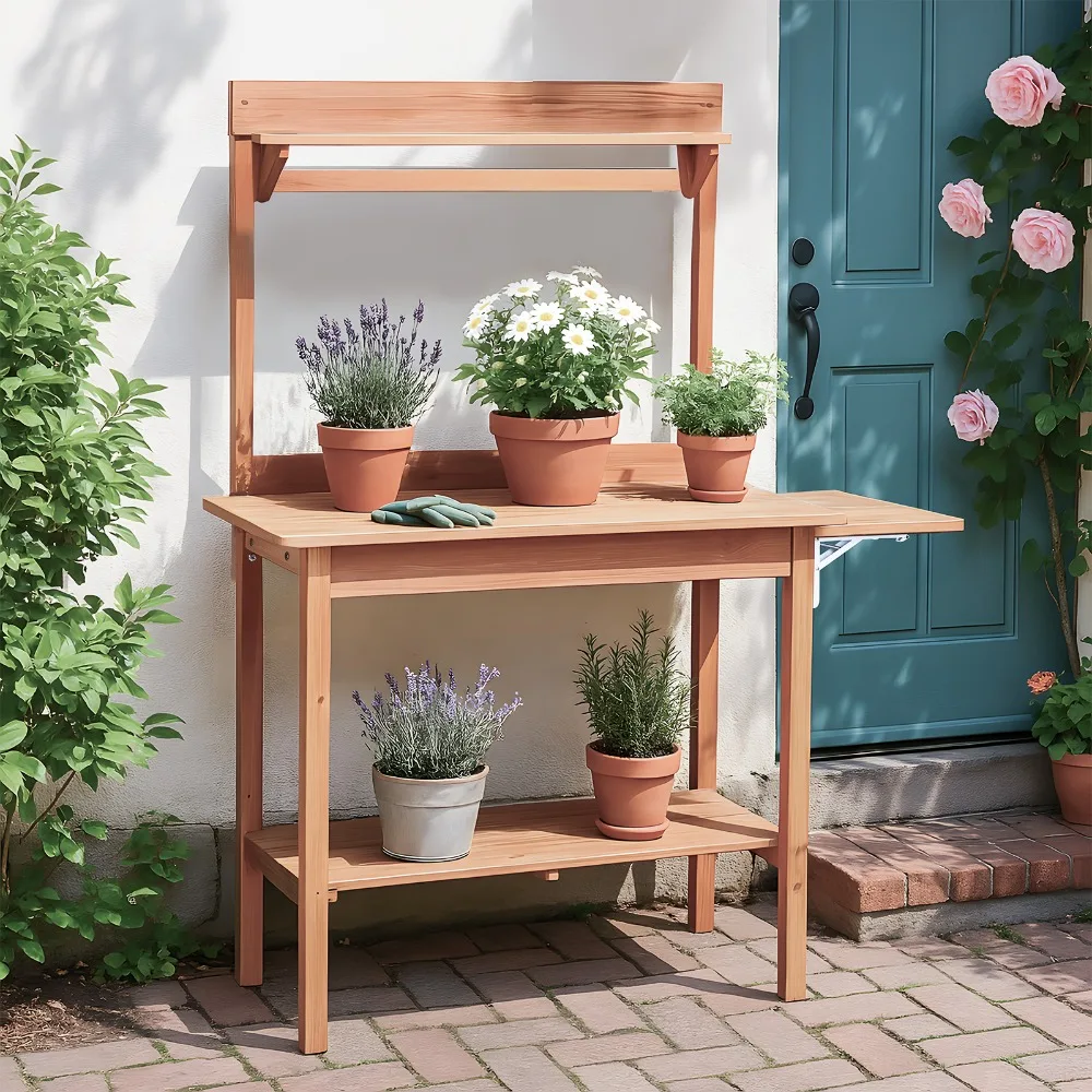 

Outdoor Garden Potting Table with Folding Pallet, with Metal Tabletop and Storage Shelves, Outdoor Garden Potting Table