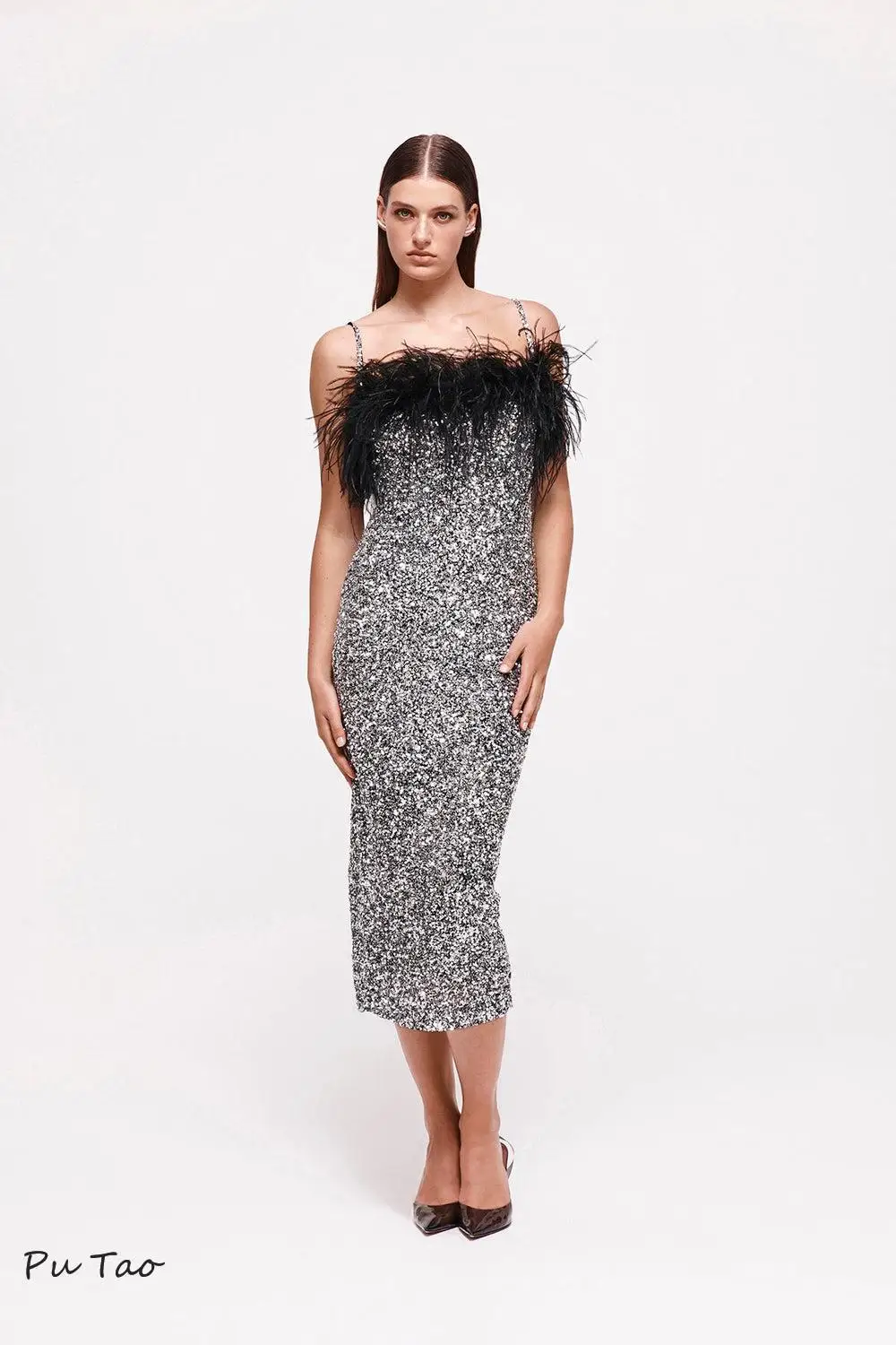 PuTao Celebrity Party Dresses For Women Luxury Diamond Chain Straps Feather Sliver Sequins Glitter Midi Cocktail Dress 2024