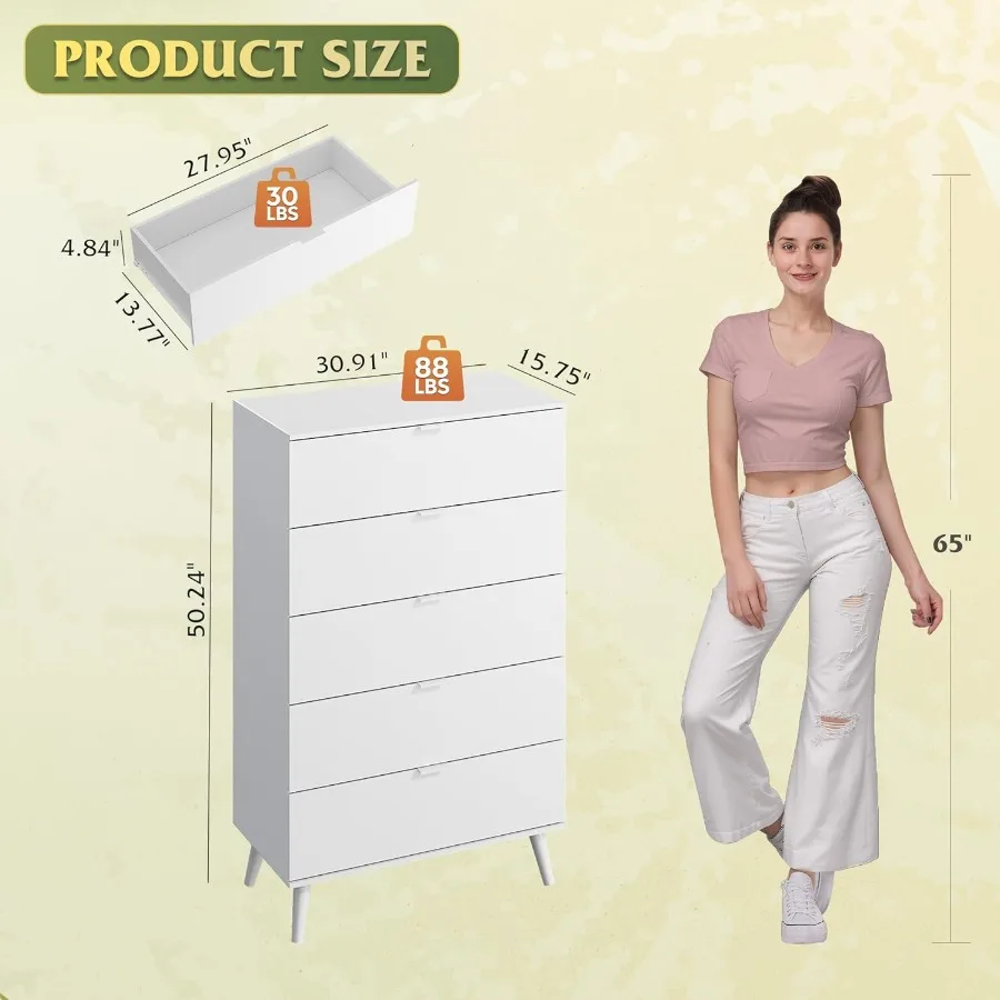 خزانة ذات 5 أدراج لغرفة النوم، خزانة خشبية طويلة مع لمسة نهائية بيضاء، مقابض معدنية قوية، منظم تخزين مثالي لغرفة المعيشة #3