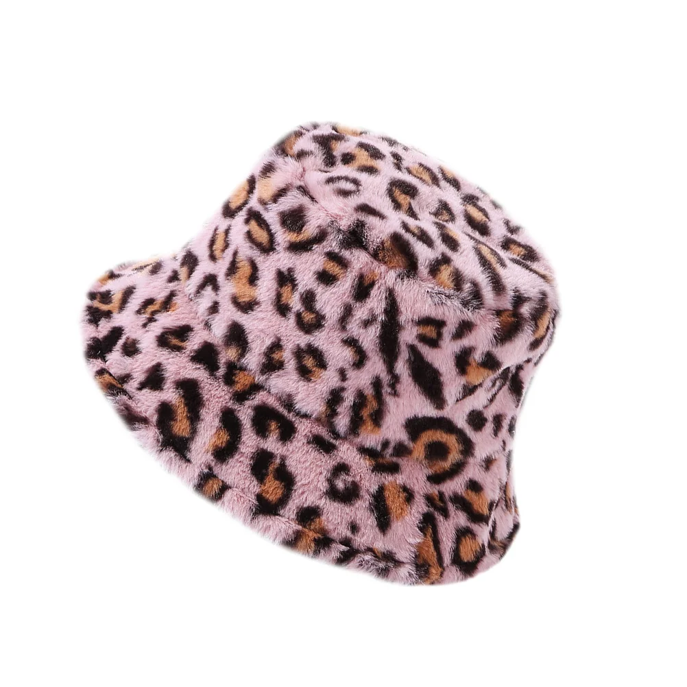 

Leopard Bucket Hat Plush Fisherman Fur Cap Warm Fashion Women Fuzzy Hats for Woman