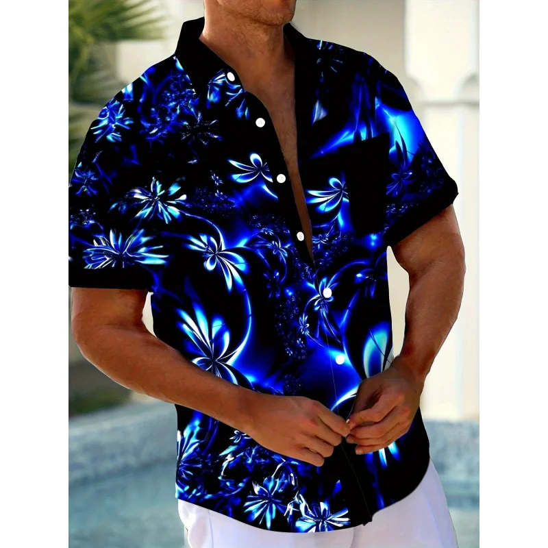 

Short Sleeve Men's 3D Floral Print Hawaiian Fluorescent Gradient Art Button-up Pocket Shirt for Spring and Summer Holiday Wearin