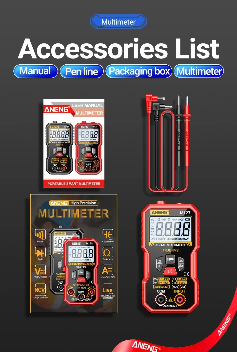 Tragbarer Mini-Multimeter-Tester ANENG M127 400 V AC/DC-Spannungswiderstand NCV-Erkennung 40 Mohm Ohmmeter Null-Feuer-Detektor-Werkzeuge – Detail 12