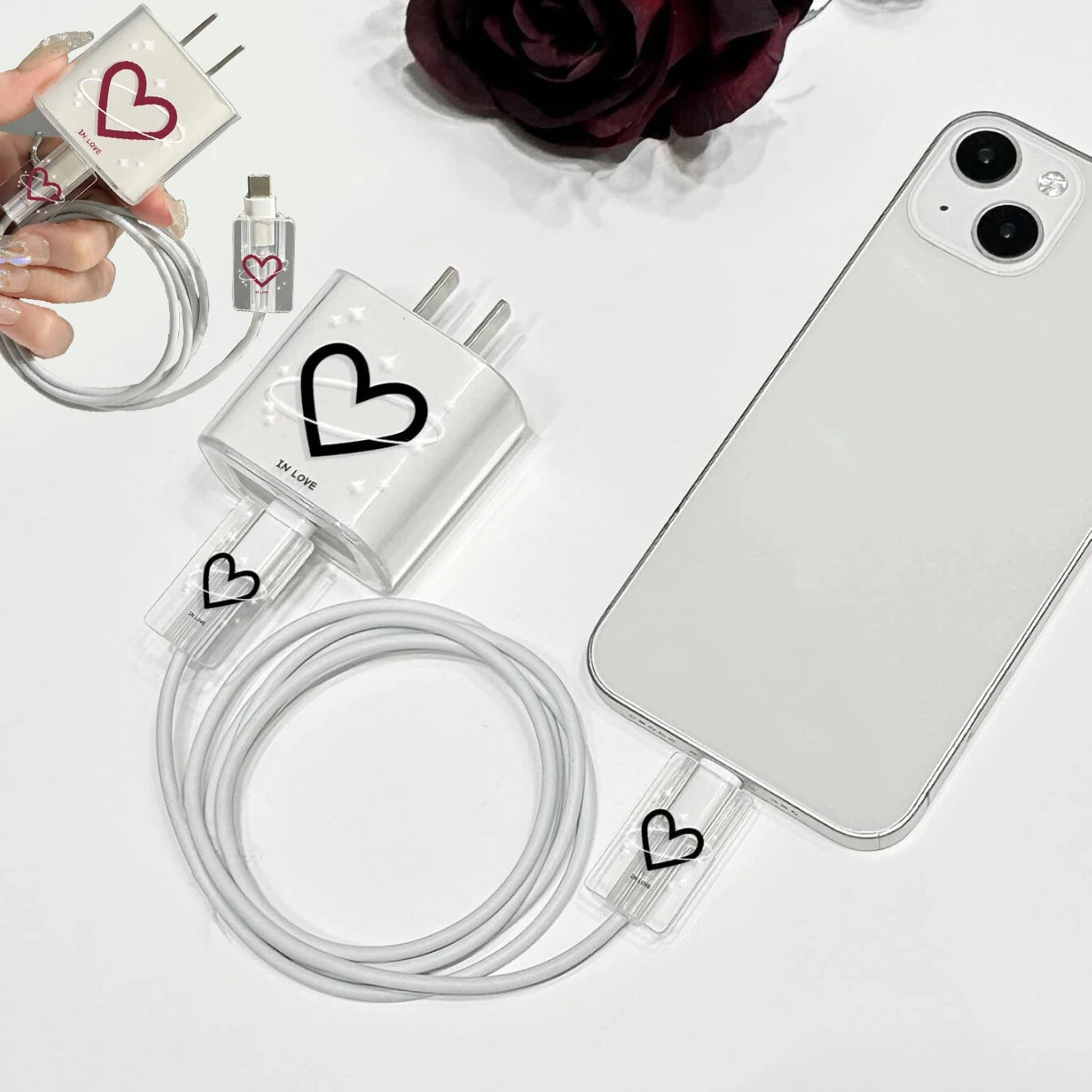 Cute Love Heart Border USB Cable Protector Cover For iPhone18W-20W Data Line Bite Head Cord Fast Charging Case Protection Sleeve