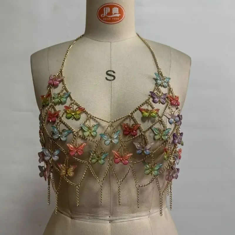 

Y2k Heavy Metal Chain Butterfly Vest Multi-Color Pendant Necklace Nightclub Party Dark Gyaru Functional Style Body Chain