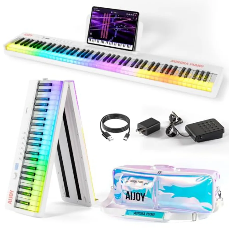 

88-Key foldable piano keyboard for beginners and travel, semi-weighted full-size keys in colorful lighted design, portable elec