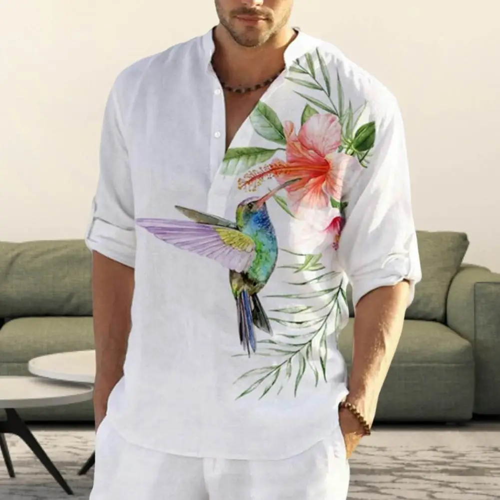 Plus Size Mens Long Sleeve Casual Shirts Male Fashion Top Pullovers Sexy Men clothing 2022 Summer New Feather Birds Print Blouse