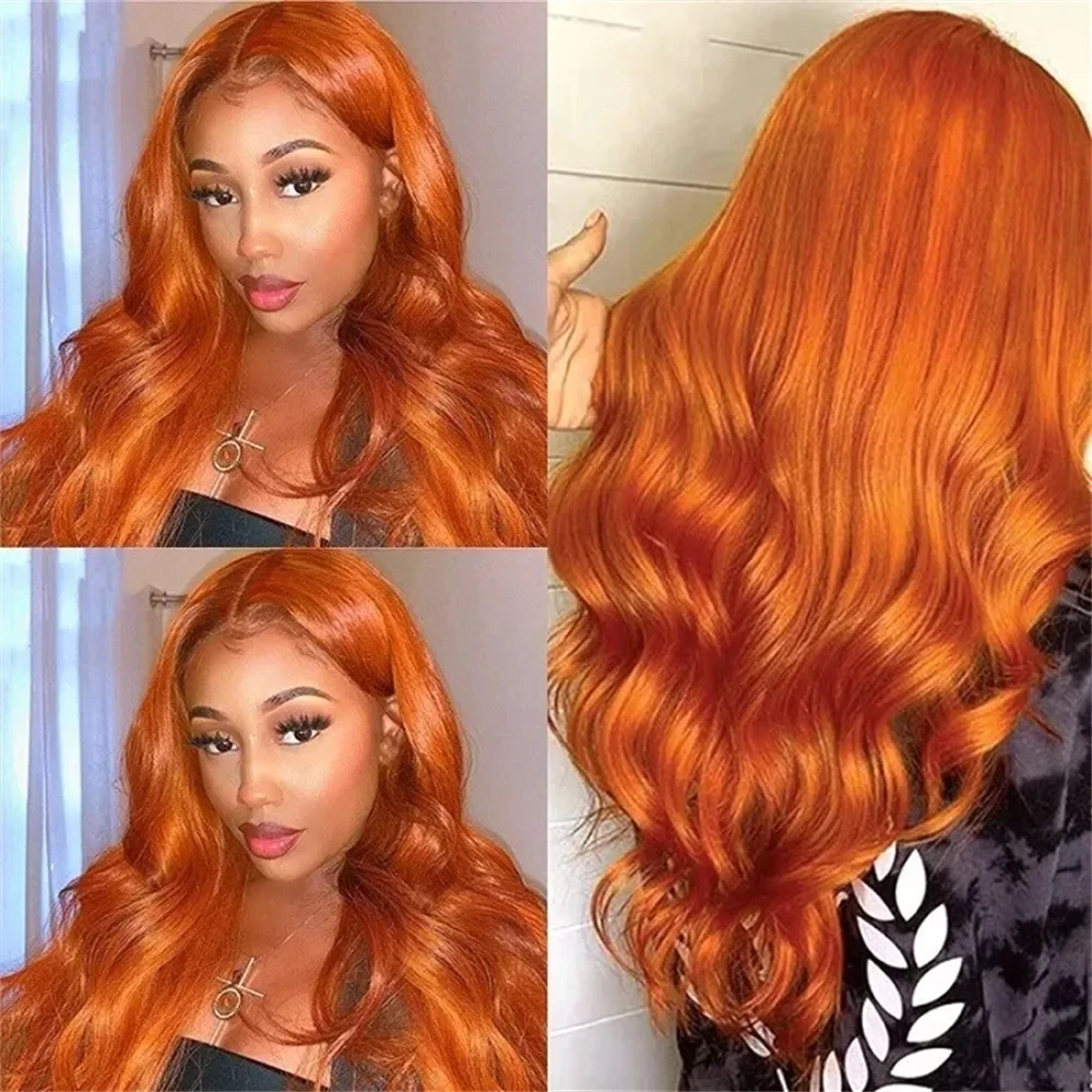 Onda do corpo gengibre laranja 13x6 perucas dianteiras do laço cabelo humano brasileiro remy colorido pré arrancado 13x4 peruca frontal do laço do cabelo humano