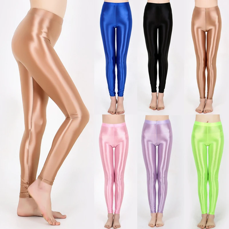 Pantalones brillantes ajustados de satén para mujer, mallas deportivas de cintura alta, Leggings brillantes de Yoga, elásticos