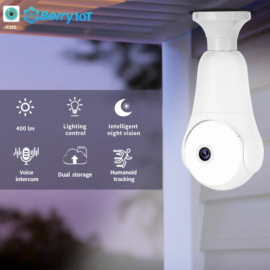 

2MP WIFI Floodlight Camera E27 Bulb Security Wireless PTZ Tracking Alarm Full Color Night Vision Closed Circuit Baby Monitoring