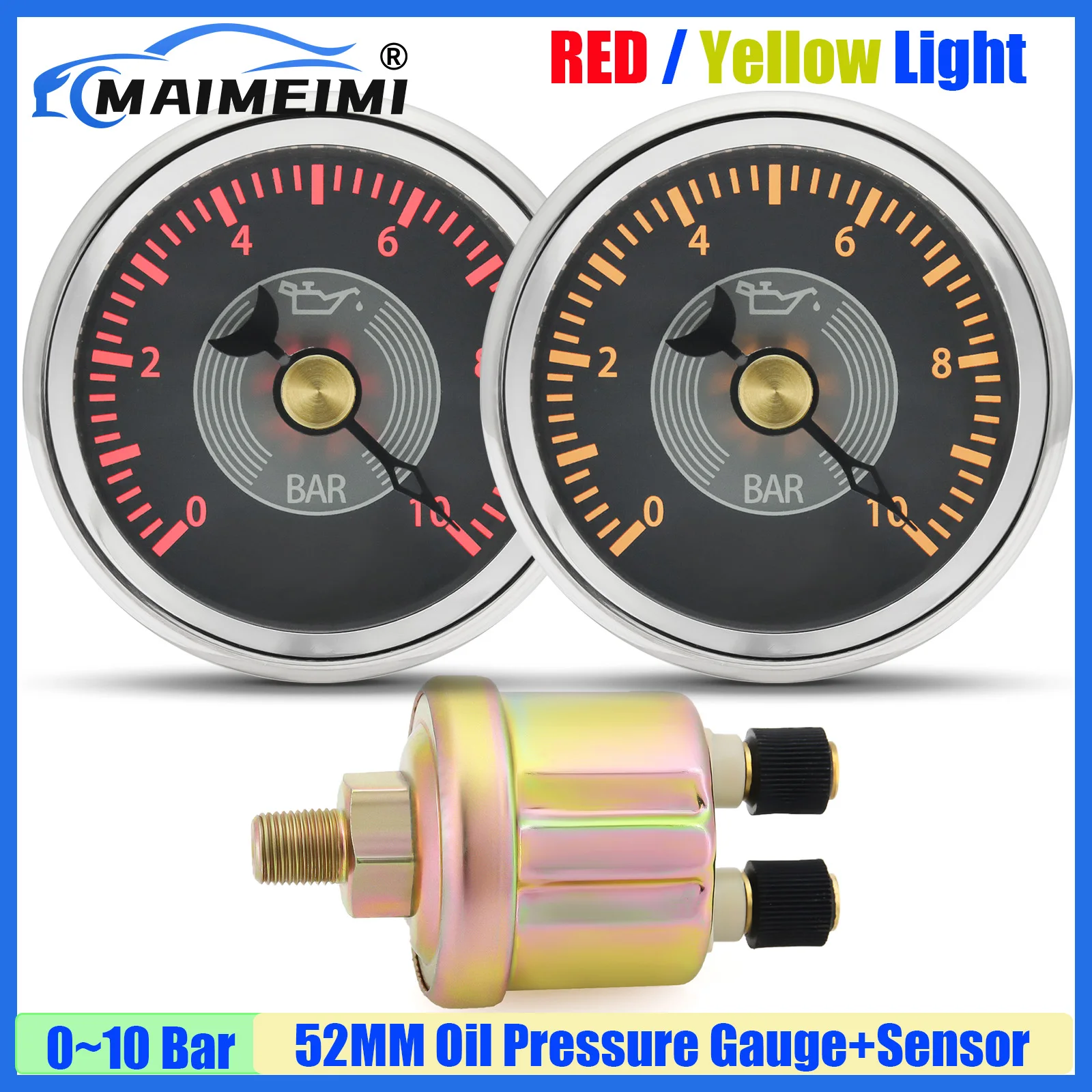 

Манометр давления масла MAIMEIMI 0~10 бар, 52 мм, с датчиком 10~184 Ом, красный/желтый индикатор, для авто, лодок