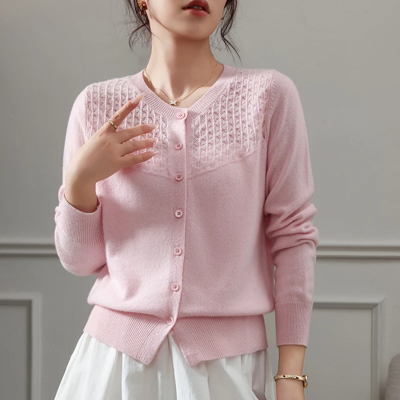 

Women's new cardigan O-neck wool sweater solid color knitted fashionable hollow thin sleeved women's cashmere top FRSEUCAG brand