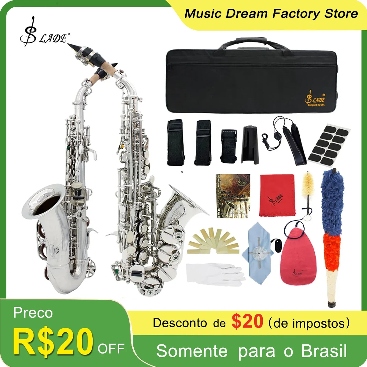 SLADE Soprano Saxophone Professional B Flat Saxophone Brass Silvery Sax Woodwind Instrument with Case Neck Strap Reeds Parts