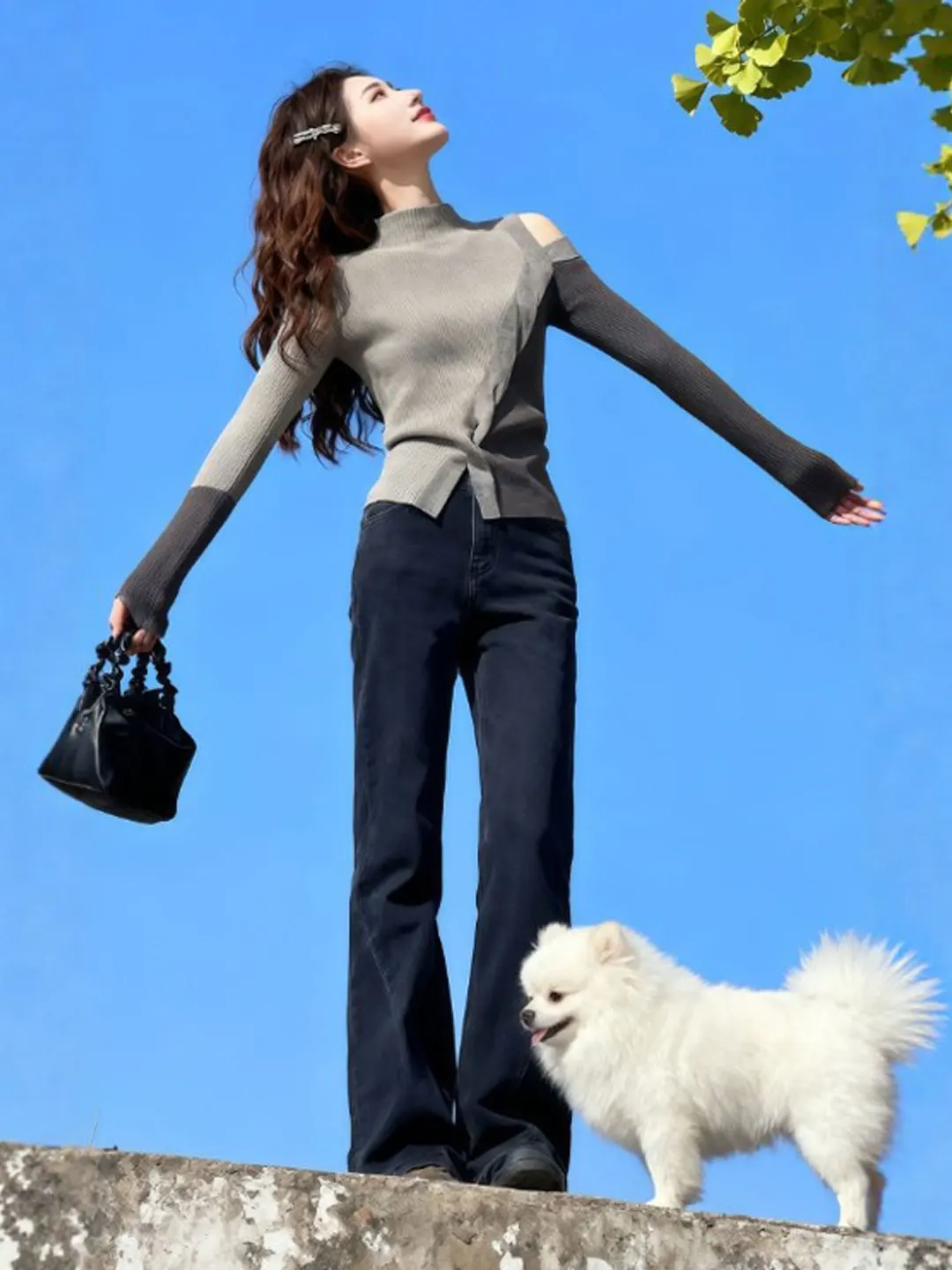 

Корейский уникальный вязаный свитер с высоким воротом, весенний дизайн, облегающий крой, для ношения под одеждой, асимметричный дизайн, винтажный стиль, женский.