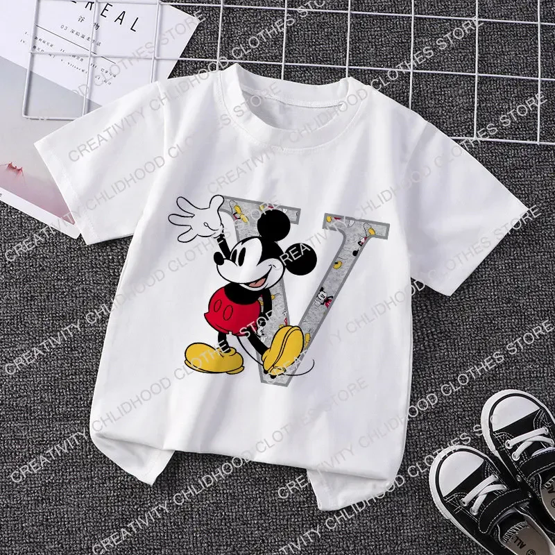 Mickey Mouse Kinder T-Shirt Buchstaben Name Kombination T-Shirts Disney Cartoon Kawaii Kind Freizeit kleidung Mädchen Junge Mode Top