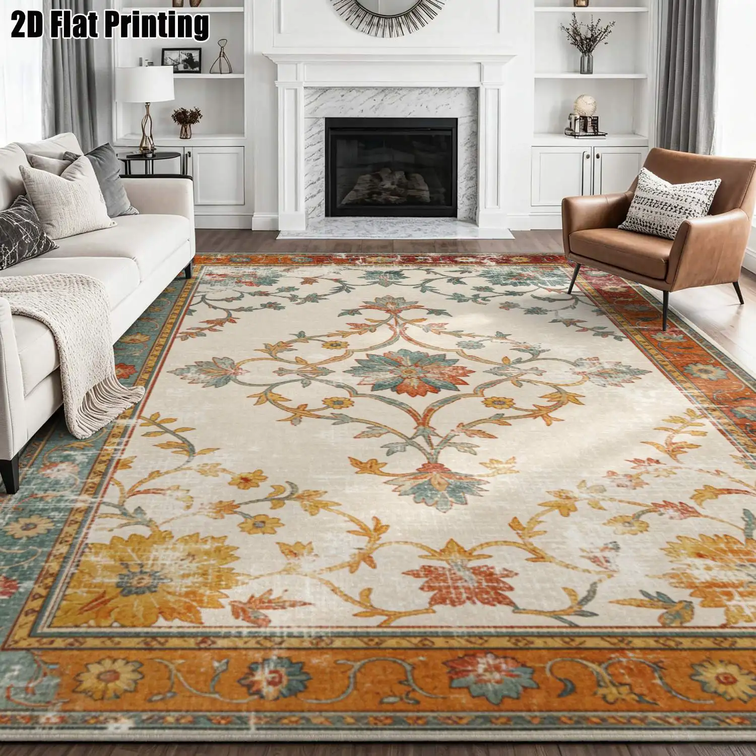 1Pc 2D Printed Warm-Toned Retro Floral Carpet, European-Style Home Decor Rug, Multi-Size Machine Washable, Suitable for Entrance/Dining/Foyer/Bedroom/Study/Living Room