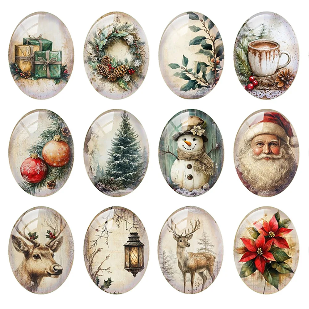 

10pcs/lot Christmas X-mas Santa Reindeer Snowman Flower Gifts Oval Photo Glass Cabochon Flatback Demo Cameo Diy Jewelry Making