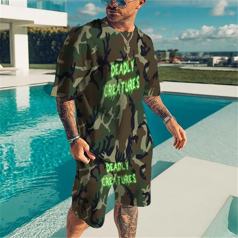 men's T-shirt 2-piece set 3D printed camouflage army green ashion street men's sportswea Summer short sleeved shorts set 2023