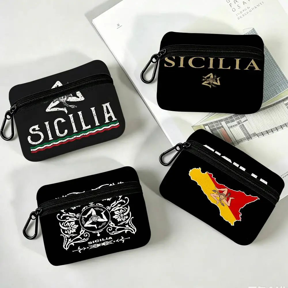S-Sicilia Logo Oxford Cloth Zipper Wallet Multifunctional Hanging Coin Bag For Credit Cards Keys Coins Earbuds