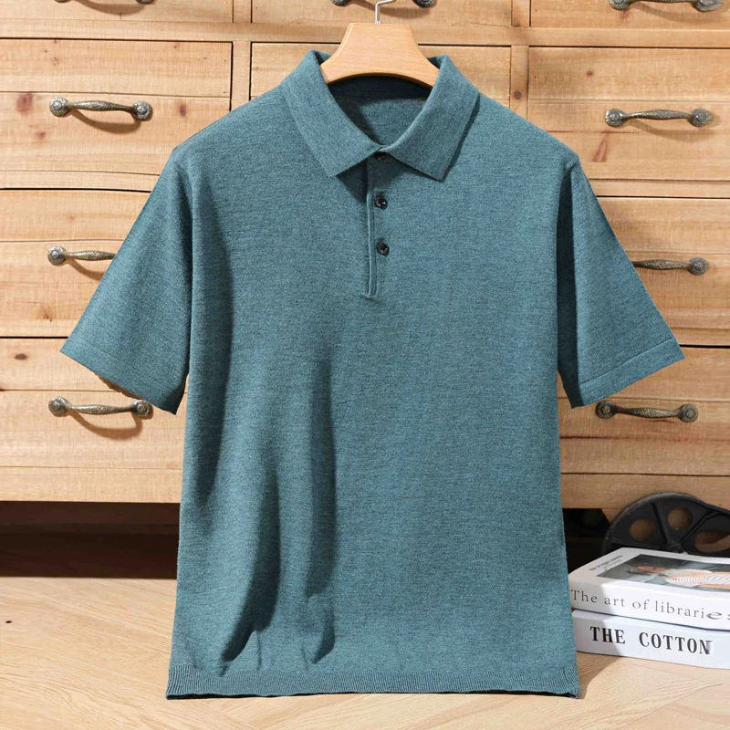 Men's T-shirt summer worsted wool sweater short-sleeved casual solid color men's clothes POLO collar knitted Tops loose Blouse