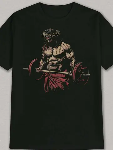 Entrenador de ejercicios negro Jesucristo levantamiento de pesas estampado artístico estilo regular fitness y uso diario, camiseta de fitness, ropa deportiva artística