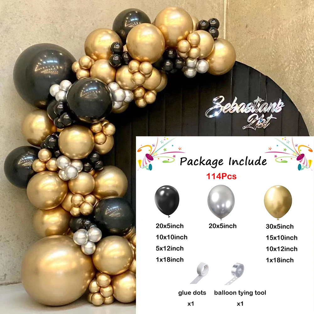 114Pcs Black Balloon Garland Arch Kit Metal Gold Silver Latex Balloons Wedding Party Bridal Baby Shower Graduation Birthday Deco