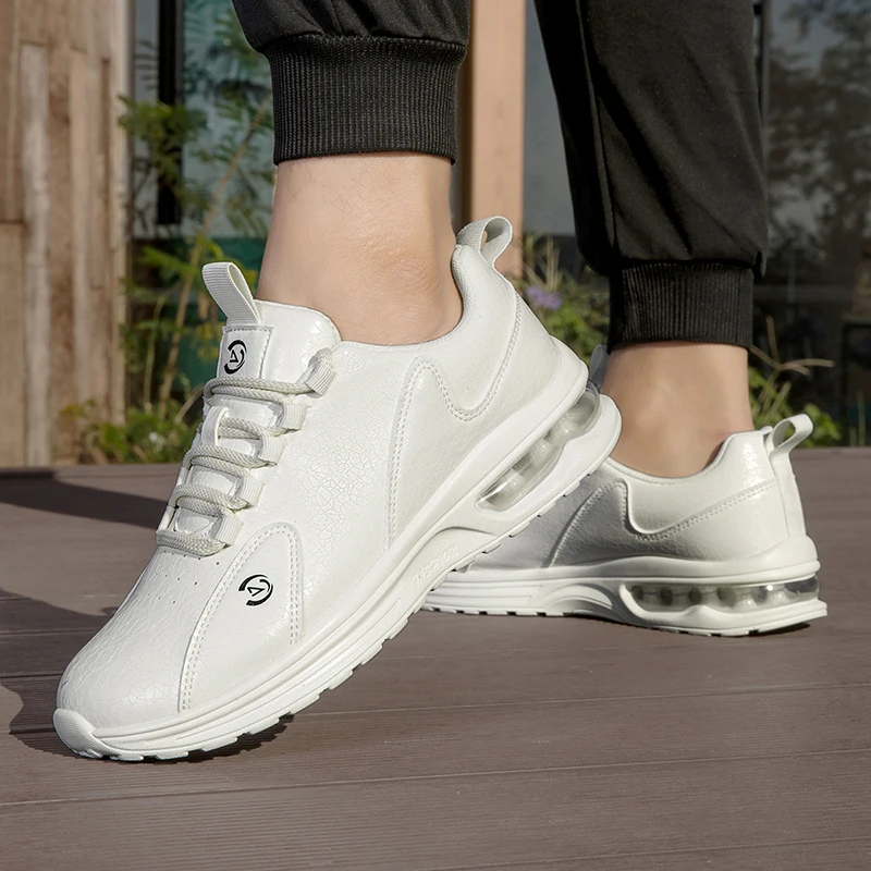 

New Man Black Leather Sneakers Air Cushion Shoes Autumn Casual Lace Up Lightweight Anti-slip Running Shoes man Outdoor Sports