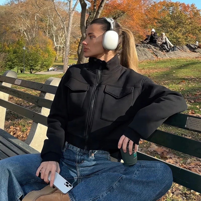 

BIIKPIIK куртки с карманами для женщин, повседневная уличная одежда, однотонные короткие пальто с воротником-стойкой на молнии, офисные простые универсальные осенние куртки