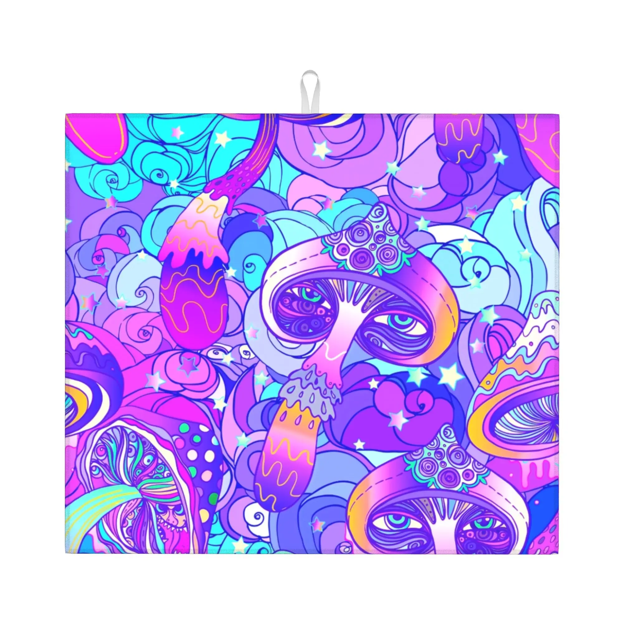 Psychedelic Trippy Magic Rainbow Mushroom Mysterious Boho Drying Mat For Kitchen Waterproof Reusable Countertop Protector Mat